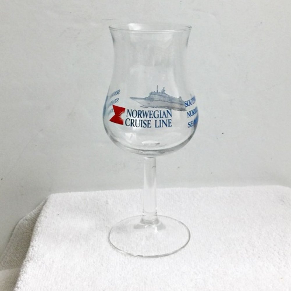 Norwegian Cruise Line Glass Goblet Water Wine Clear Blue Red Stemware Vintage